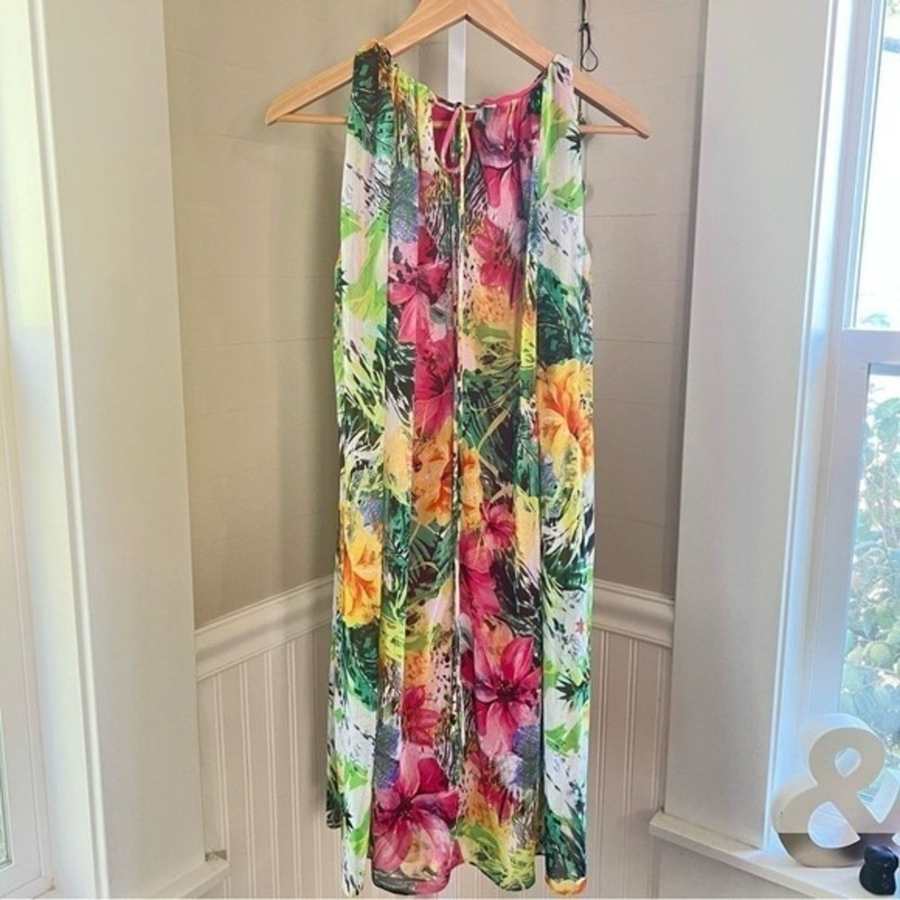 Isaac Mizrahi Tropical Floral Leopard Print Halter Shift Dress Multicolor Size S